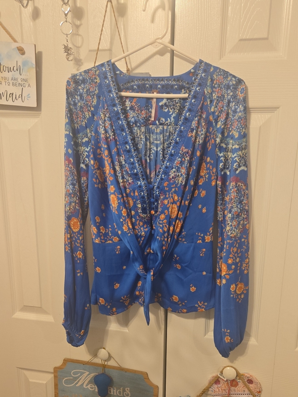 Free People Royal Blue Floral Tie-Front Blouse
